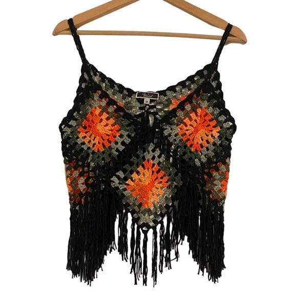 Woven Crochet Aztec Tassel Bohemien Cropped Tank Top Shirt - Picture 1 of 5